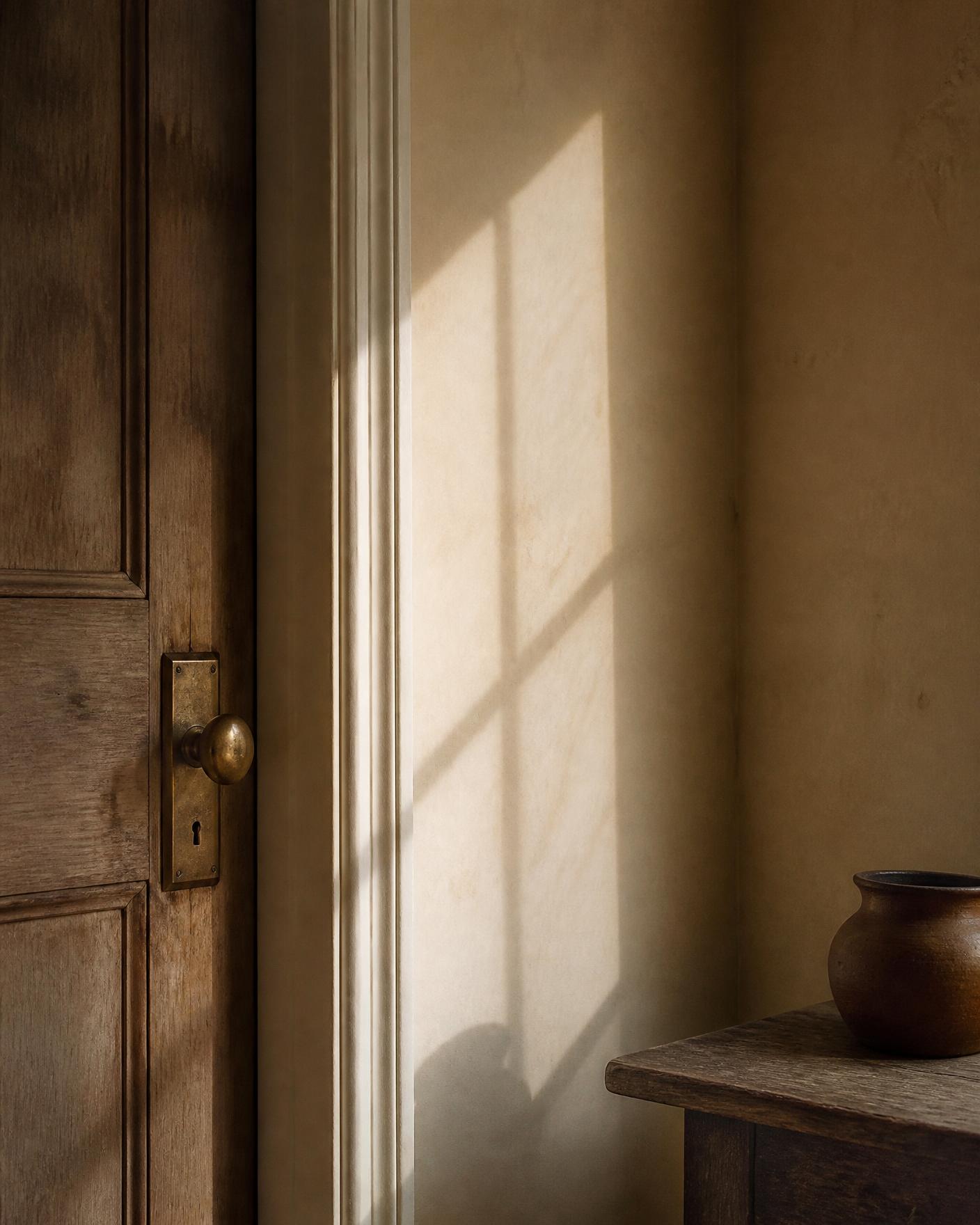 Brass handle detail on an aged wooden door with window light on the plaster wall