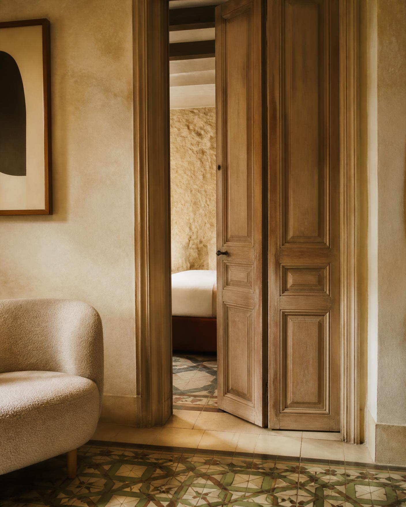 A panelled wooden door standing ajar onto a warm room with patterned tiles