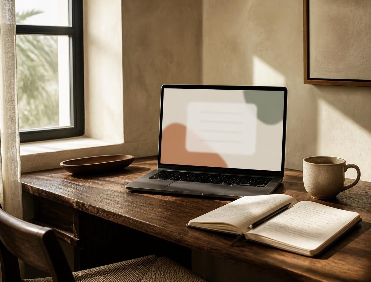 A quiet desk by a window with a laptop showing an onboarding screen and an open notebook of session notes