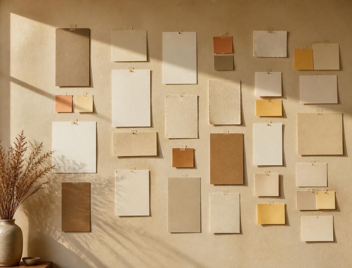 A sunlit plaster wall covered with paper cards arranged in columns, like a research affinity map