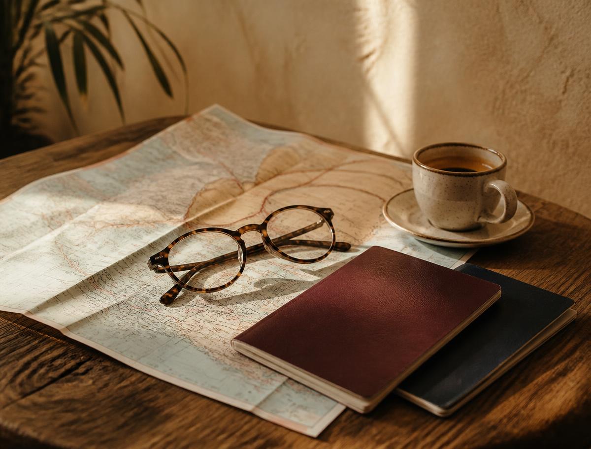 A folded paper map, two passports and an espresso cup on a wooden table in warm afternoon light